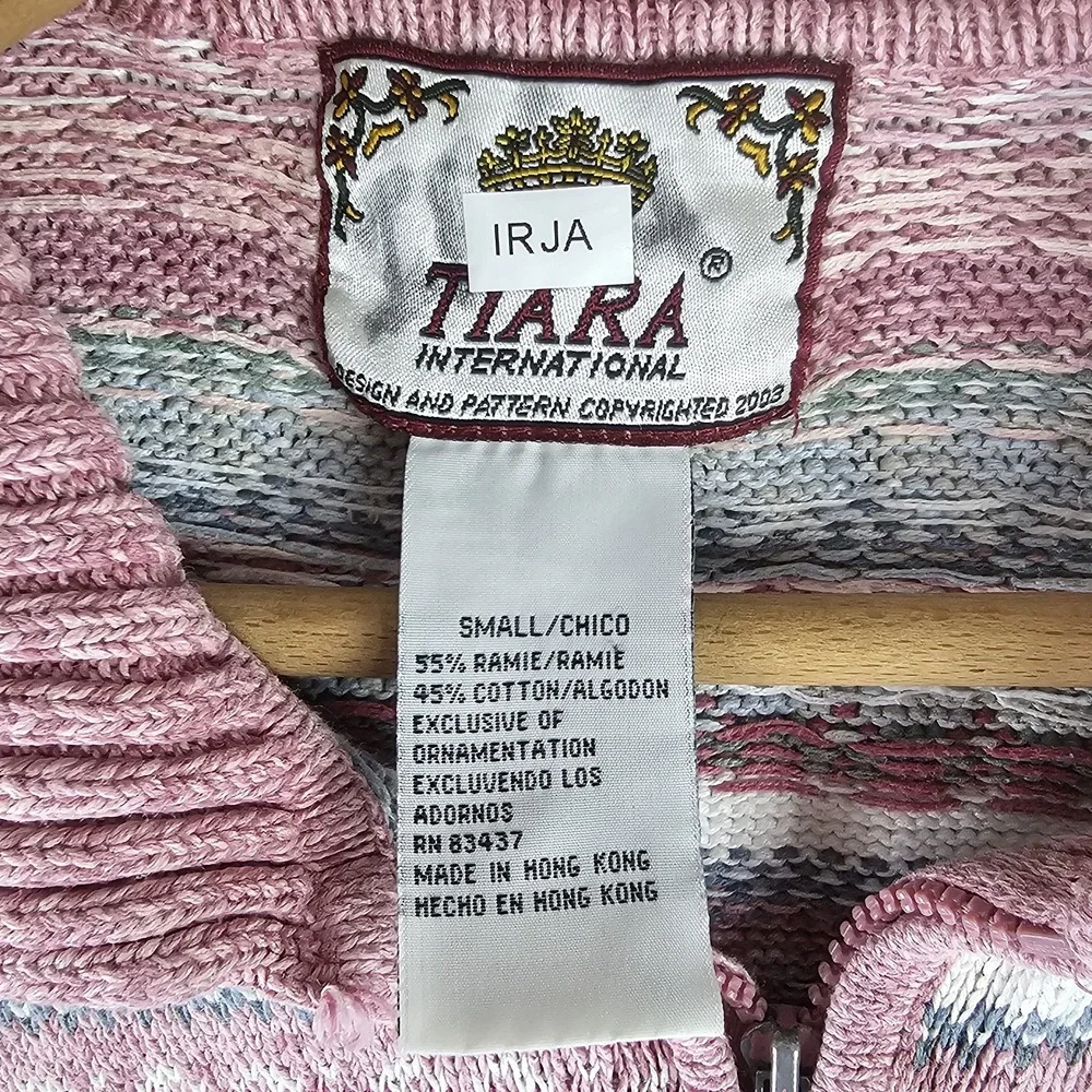VTG Tiara International Fair Isle Nordic Sweater Cardigan Pink Size Small Zip